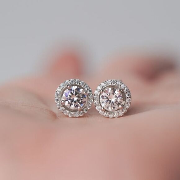 Certified Full VVS1 Moissanite Luxury Halo Stud Earrings Unisex - Picture 3 of 7
